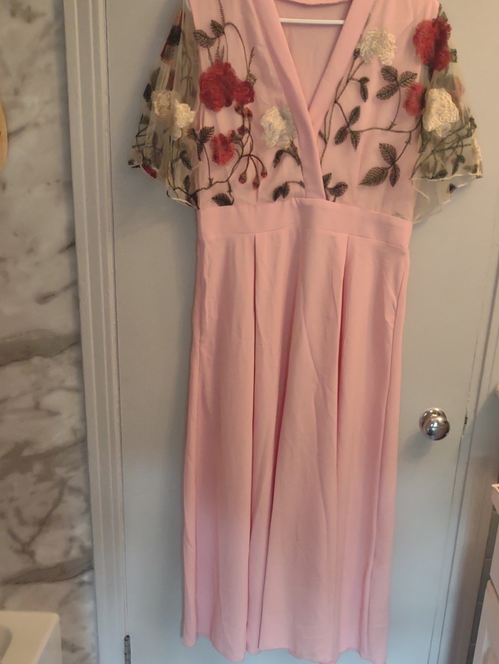 SHEIN Pink Maxi Dress with Floral Embroidered Mesh Sleeves